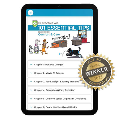 Tablet displaying a digital book titled '101 Essential Tips' on senior dog care with a 'Writing DWAA Winner 2025' badge.